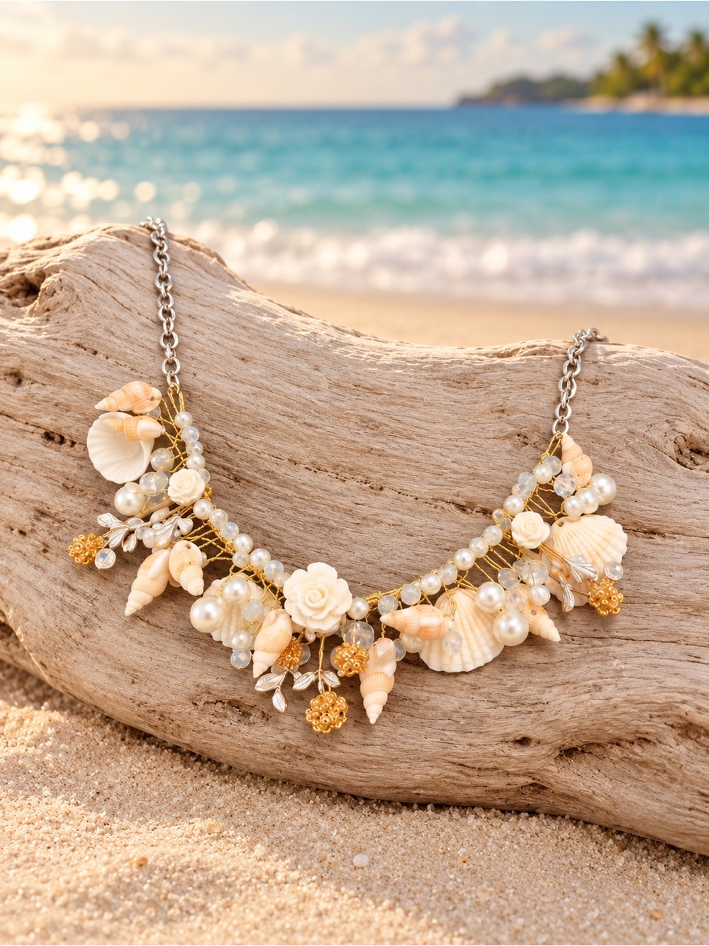Seashell Pearl Necklace with Gold Accents - Beach-Inspired